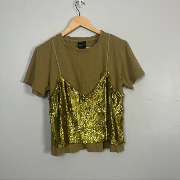 New Anthropologie Le Superbe Birdie Sequin Tee size large olive green - Picture 1 of 10